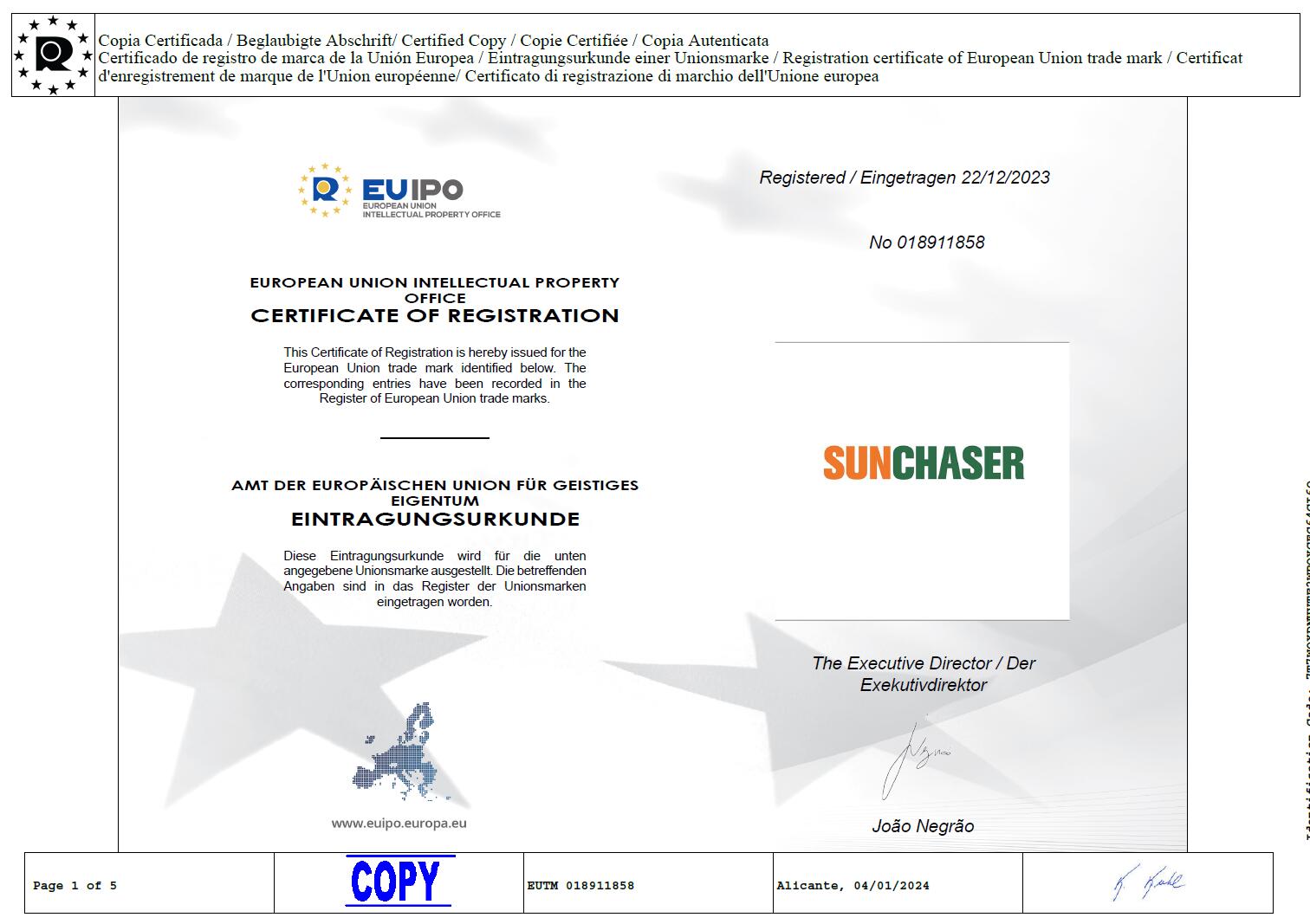 TIANTECH SOLAR GROUP Successfully Registered the SUNCHASER Trademark  in Europe.